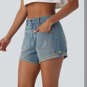 Halara Flex™ Mid Rise Front Pocket Rolled Hem Washed Stretchy Knit Denim Casual
